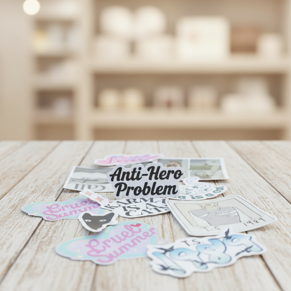Tour Concert Anti-Hero Problem Sticker on wooden table