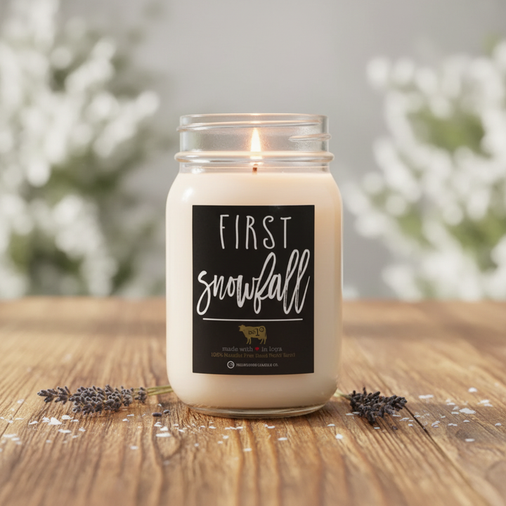 Milkhouse winter fresh first snowfall 13oz mason jar candle on warm rustic wooden table lifestyle product photography