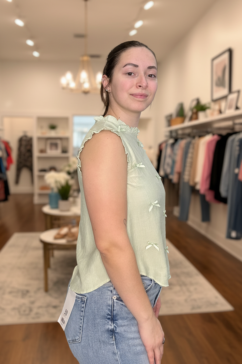 Women's mint green bow detail sleeveless textured blouse model blurred boutique background side view