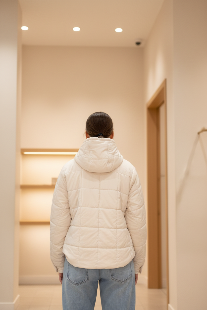 Model wearing a cream quilted jacket in a warm neutral boutique setting, back view
