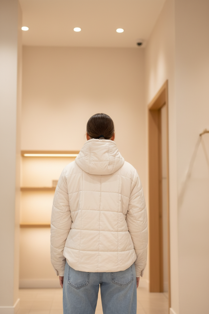 Model wearing a cream quilted jacket in a warm neutral boutique setting, back view