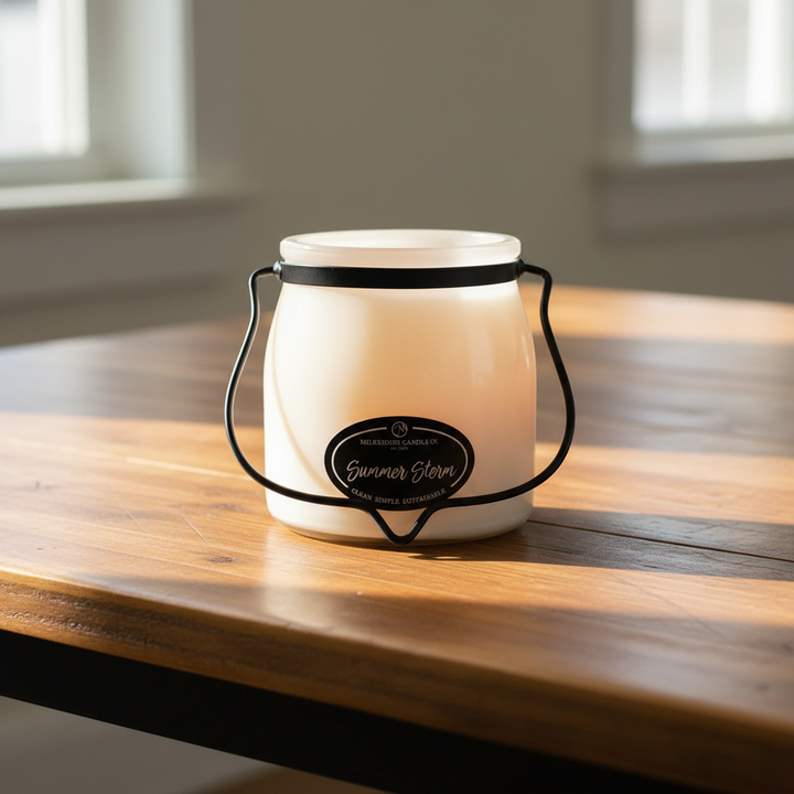 Milkhouse fresh rain summer storm 16oz butter jar candle on warm rustic wooden table lifestyle product photography
