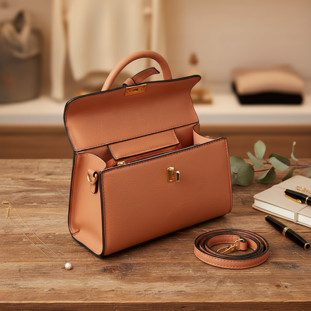 Top Handle Satchel Crossbody Bag on wooden table - view 2