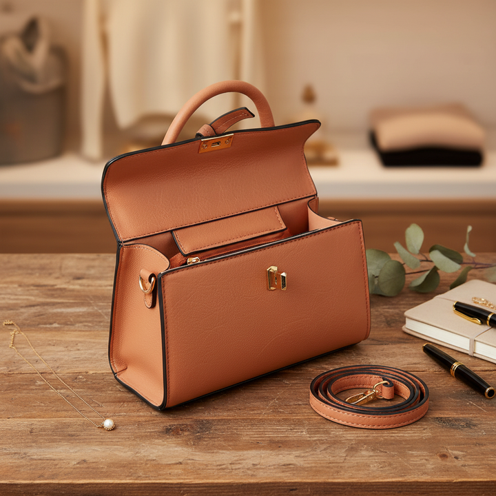 Top Handle Satchel Crossbody Bag on wooden table - view 2