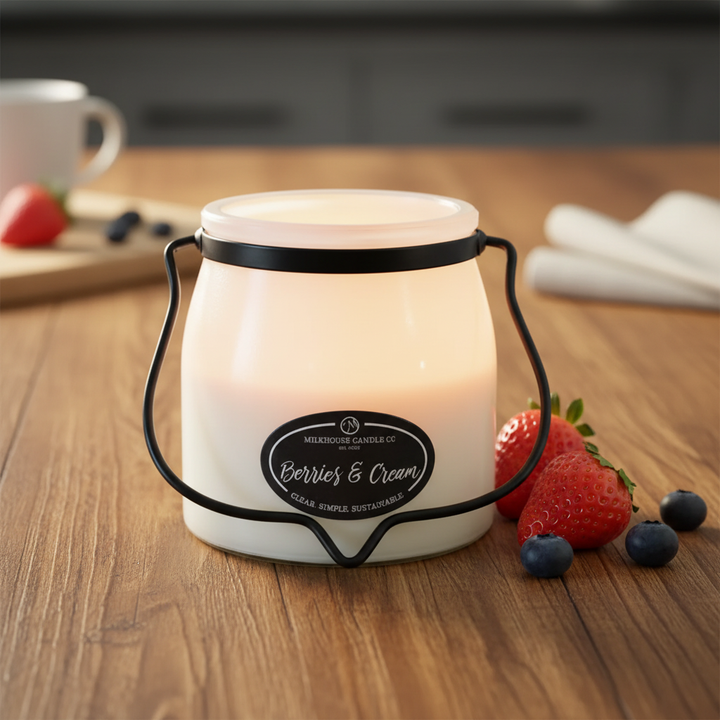 Milkhouse berries and cream 16oz butter jar candle on warm rustic wooden table lifestyle product photography