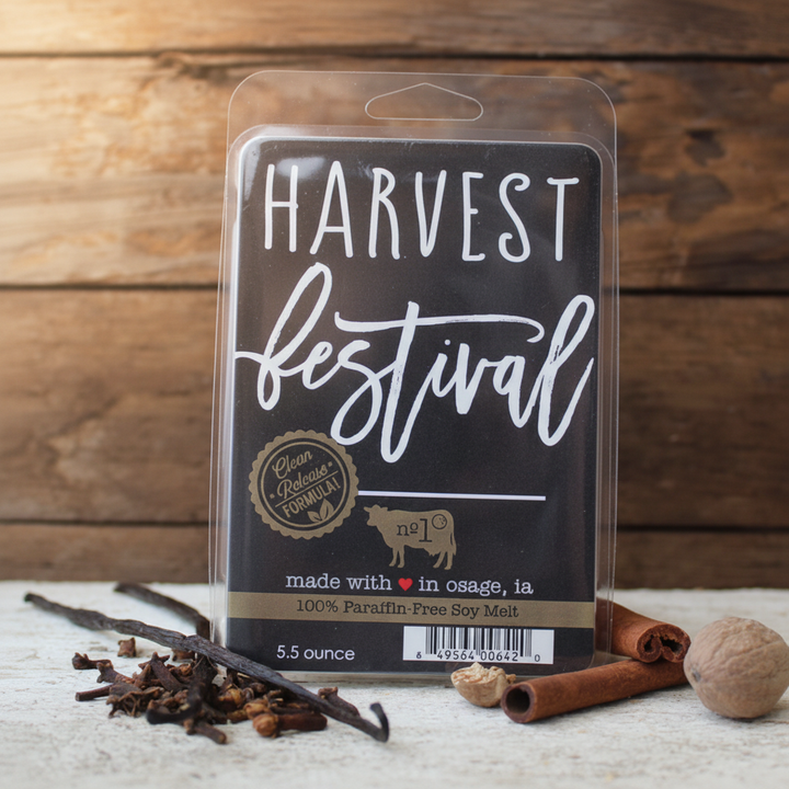 Milkhouse fall spice 5.5oz wax melt on warm rustic wooden table lifestyle product photography