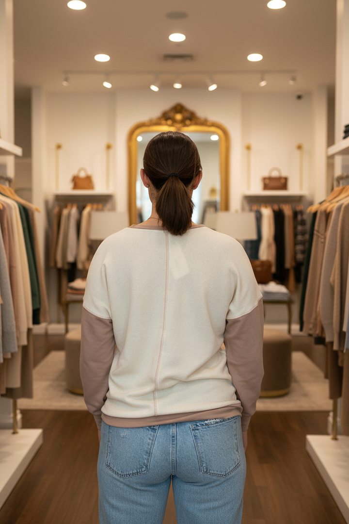 Cream mocha colorblock long sleeve top back view model in boutique setting Elle and Beck&