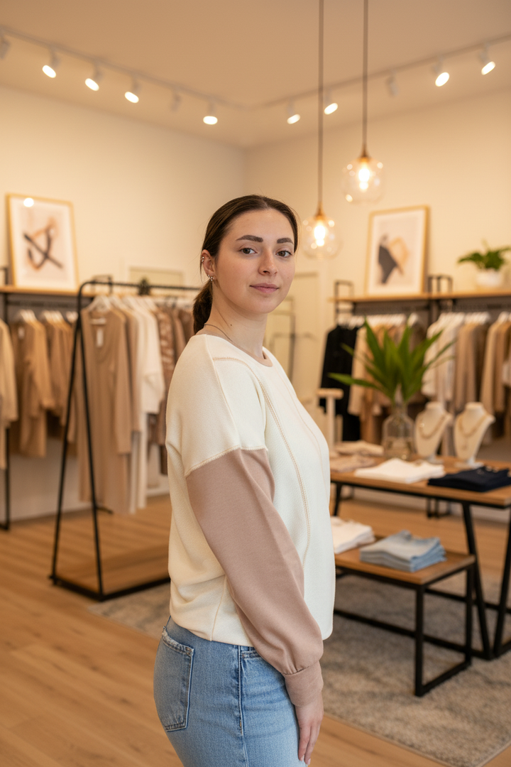 Cream mocha colorblock long sleeve top side profile model in boutique setting Elle and Beck&