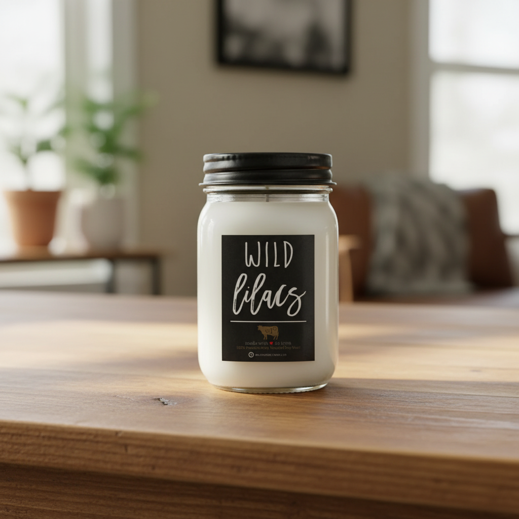 Milkhouse wild lilac 13oz mason jar candle on warm rustic wooden table lifestyle product photography
