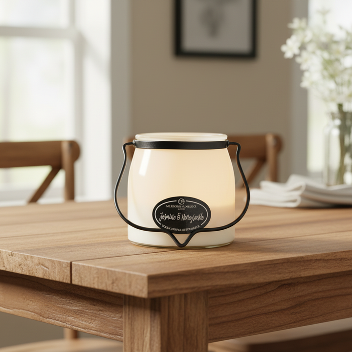Milkhouse floral jasmine honeysuckle 16oz butter jar candle on warm rustic wooden table lifestyle product photography