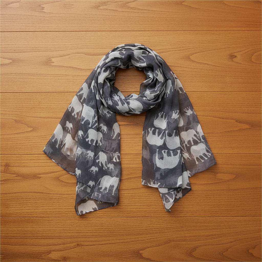 Gray elephant print fashion scarf flat lay on warm wood table