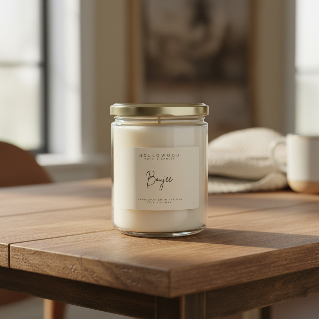 Boujee 8oz everyday candle jar on warm rustic wooden table lifestyle product photography