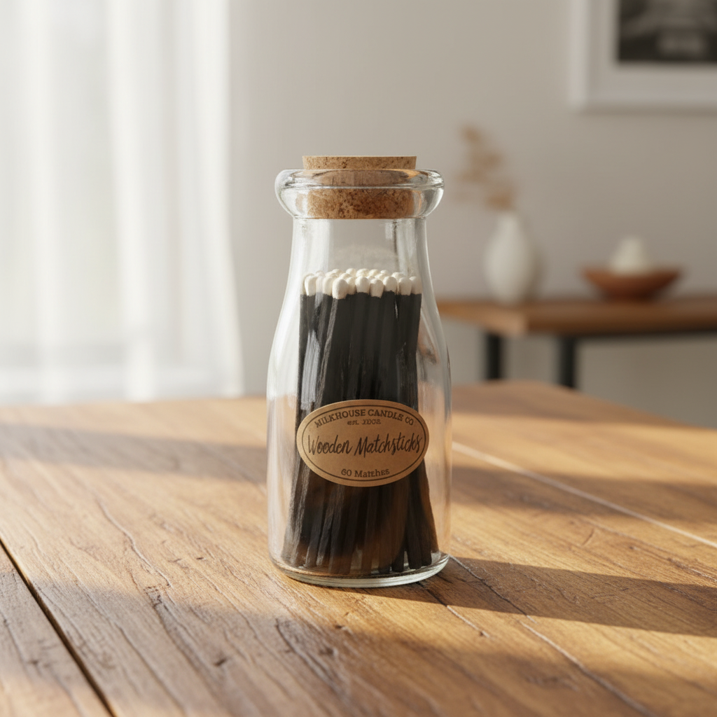 Milkhouse milkbottle jar of wooden matches on warm rustic wooden table lifestyle product photography