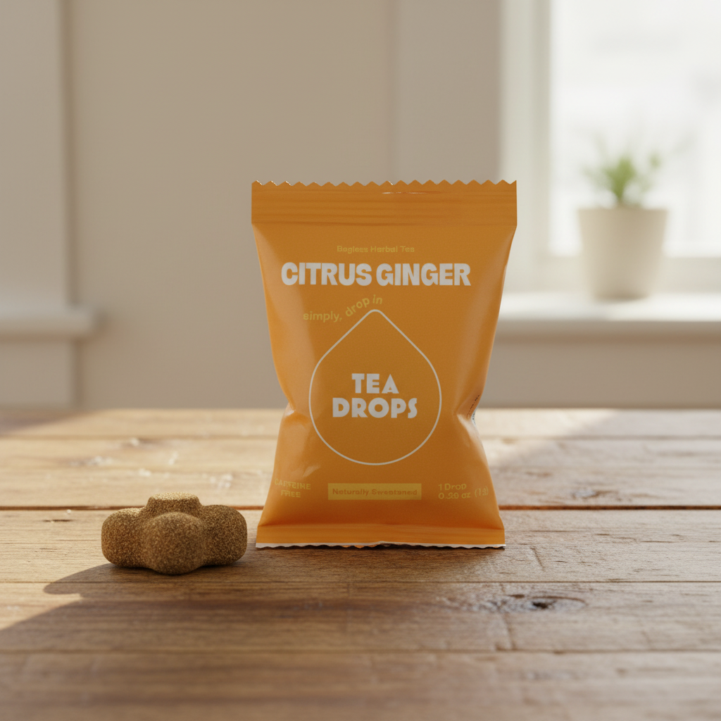 Citrus Ginger Tea Drops standing on a wooden table