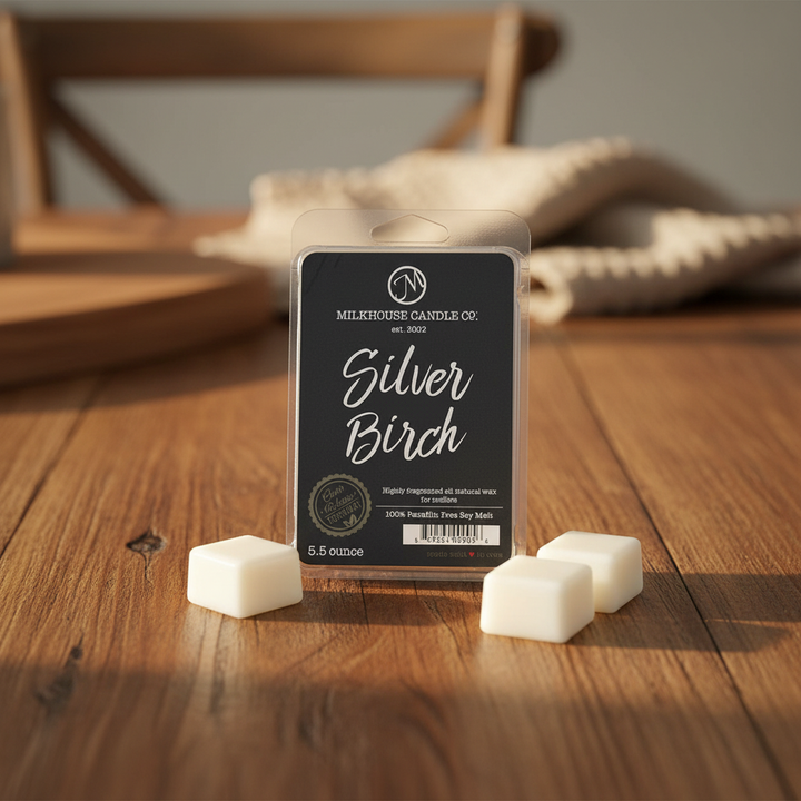 Milkhouse birch wood 5.5oz wax melt on warm rustic wooden table lifestyle product photography