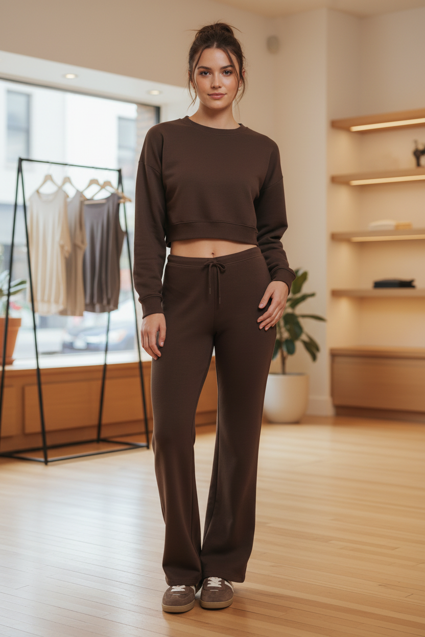Chocolate brown low-rise flare leg sweatpants on a regular size model in a boutique setting