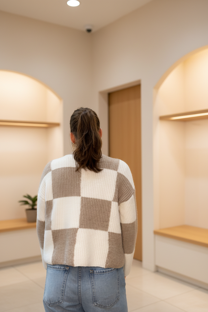 Model wearing a taupe and ivory checker crew neck sweater in a warm neutral boutique setting, back view