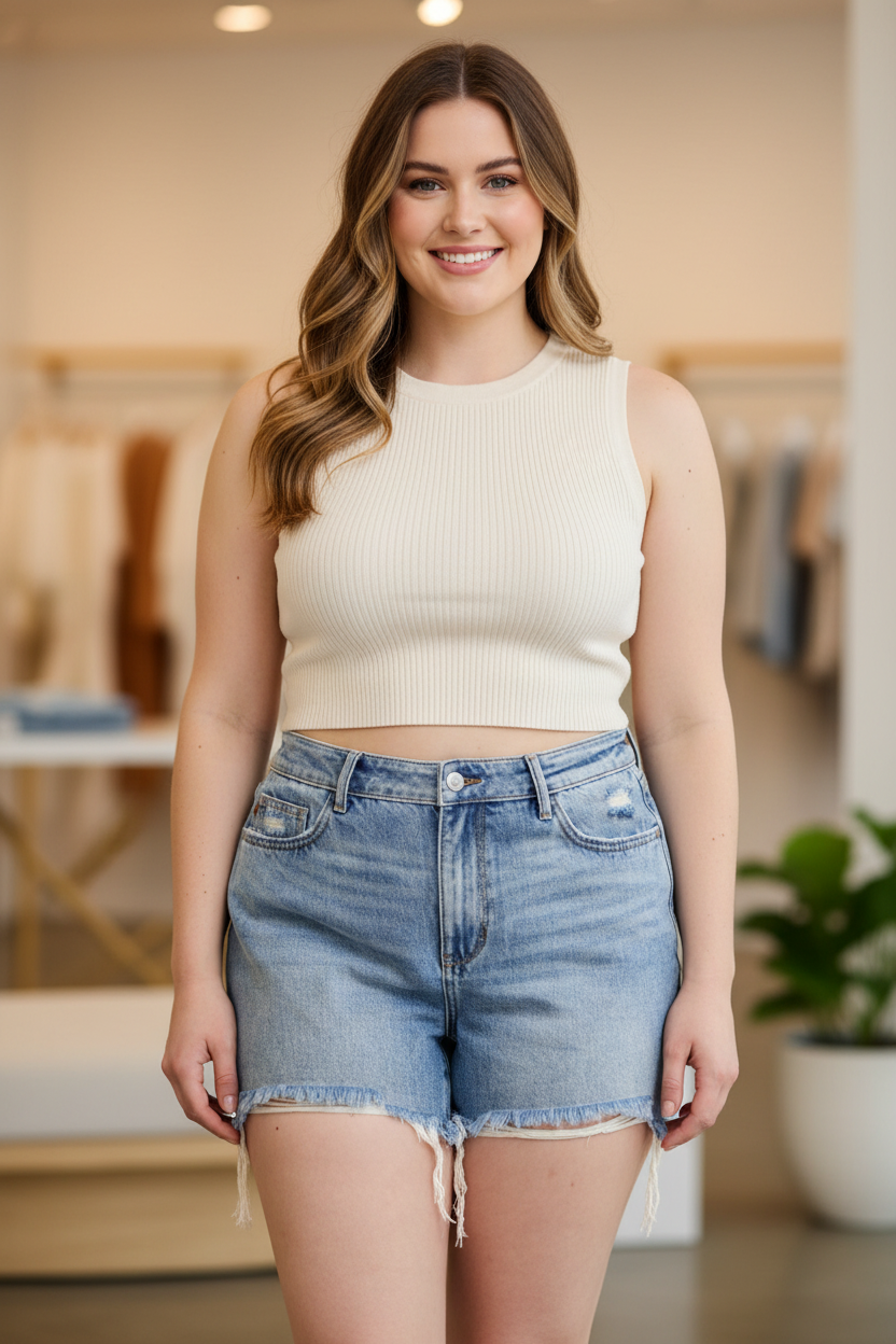 Plus size model wearing light wash distressed denim cutoff shorts, front view
