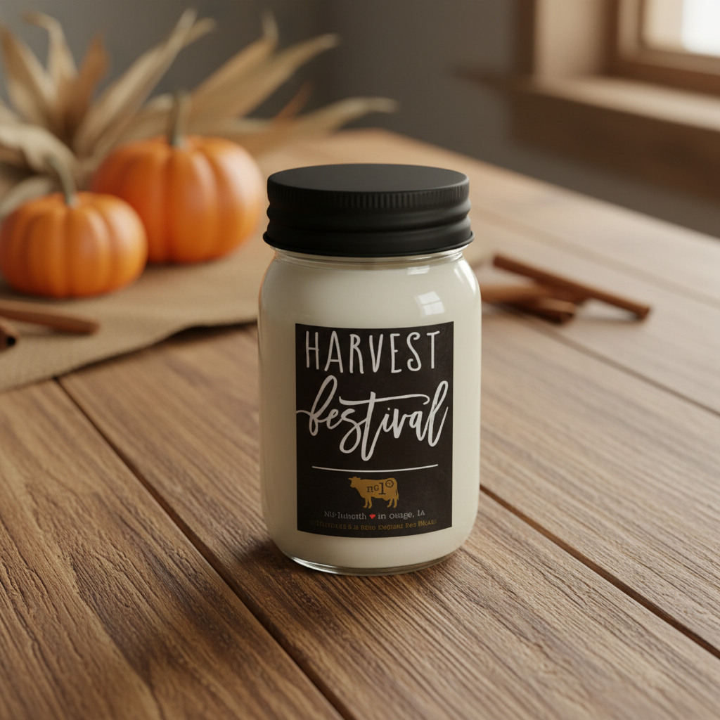 Milkhouse harvest festival 13oz mason jar candle on warm rustic wooden table lifestyle product photography