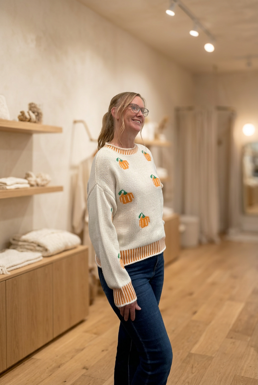 Pumpkin Pattern Cozy Ribbed Neck Sweater