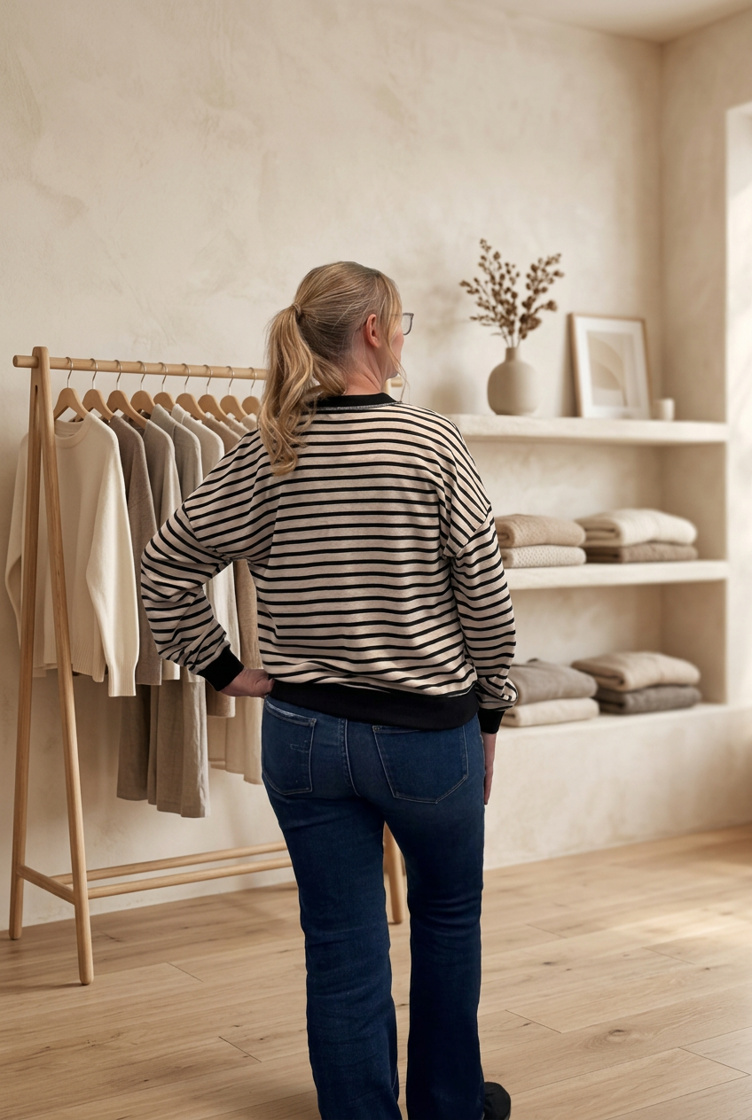 Oversized Waffle Henley Top in Black &amp; Taupe Stripe