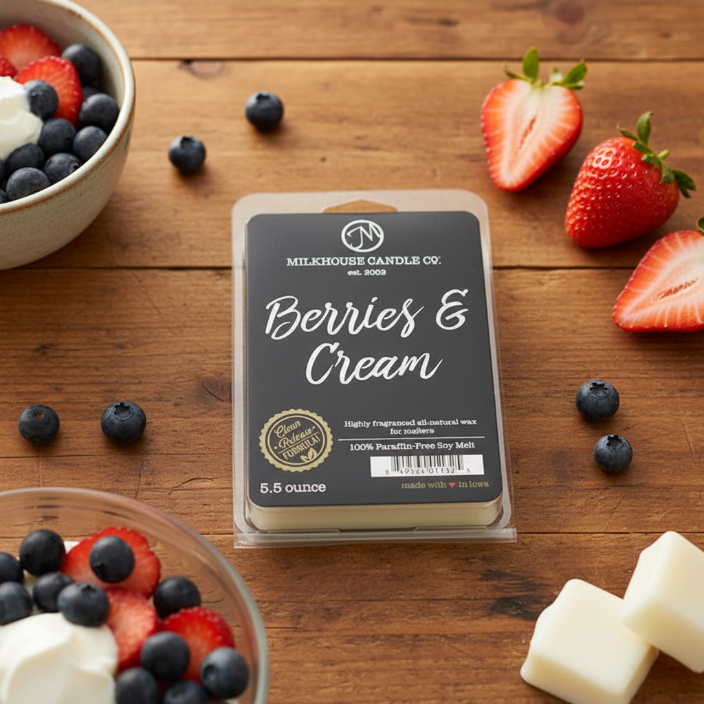 Milkhouse berries and cream 5.5oz wax melt on warm rustic wooden table lifestyle product photography