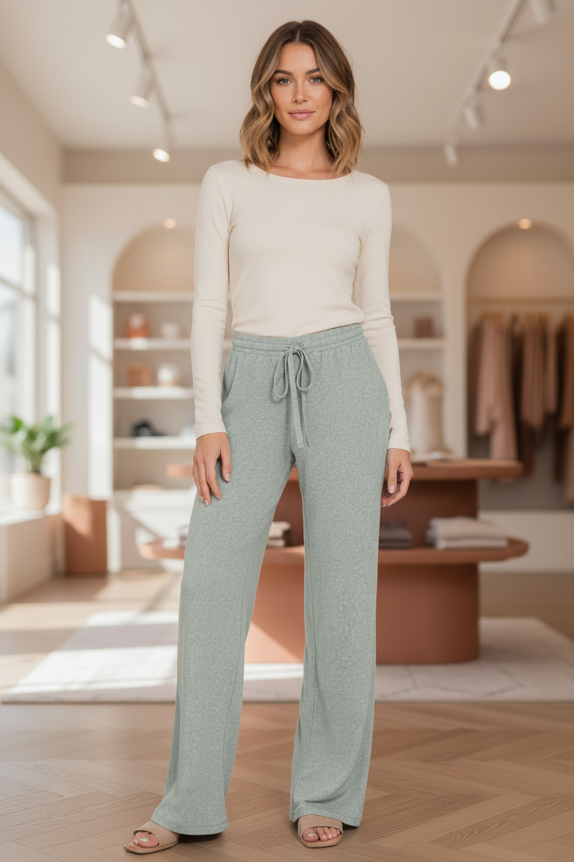 Ash jade soft melange hacci wide-leg pants on a regular-size model in a soft neutral boutique setting