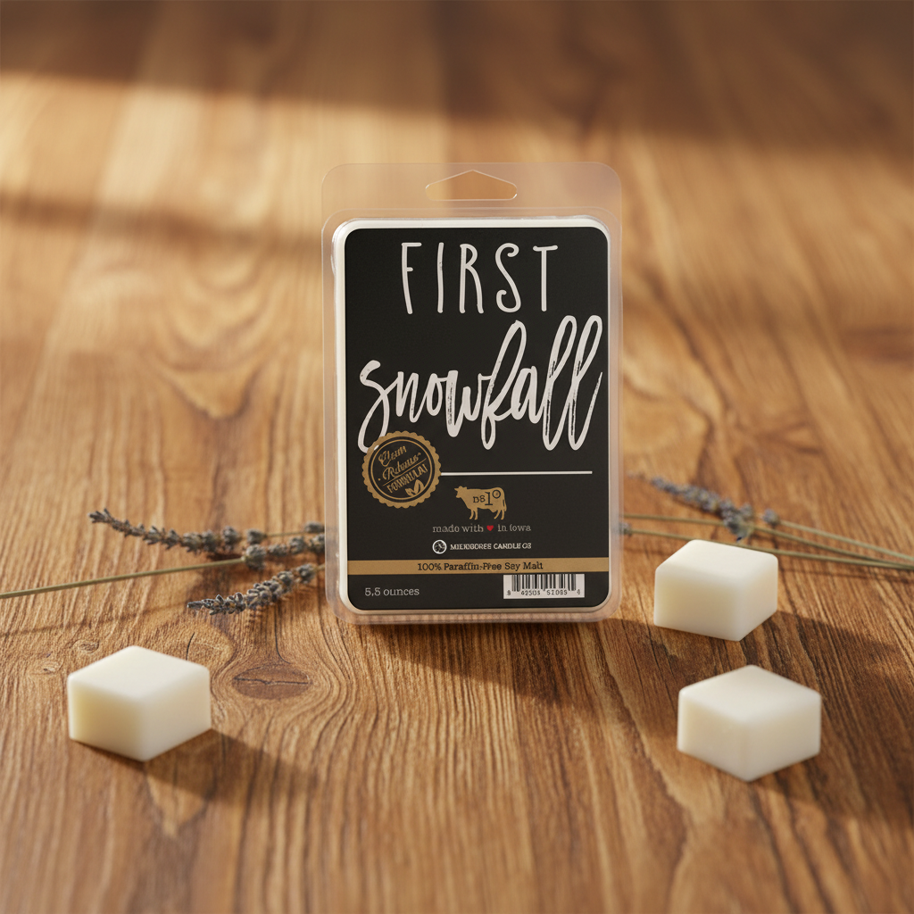 Milkhouse winter fresh 5.5oz wax melt on warm rustic wooden table lifestyle product photography
