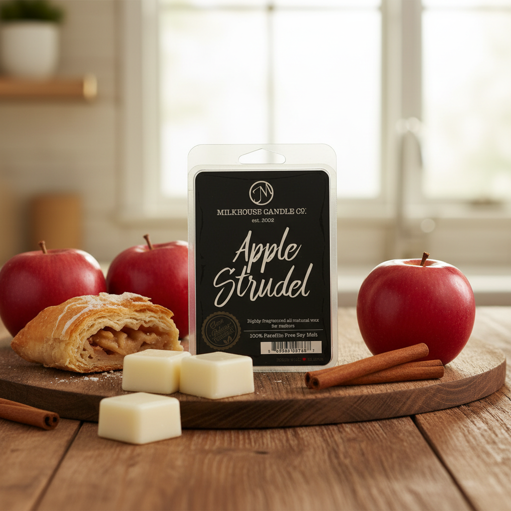 Milkhouse apple cinnamon 5.5oz wax melt on warm rustic wooden table lifestyle product photography
