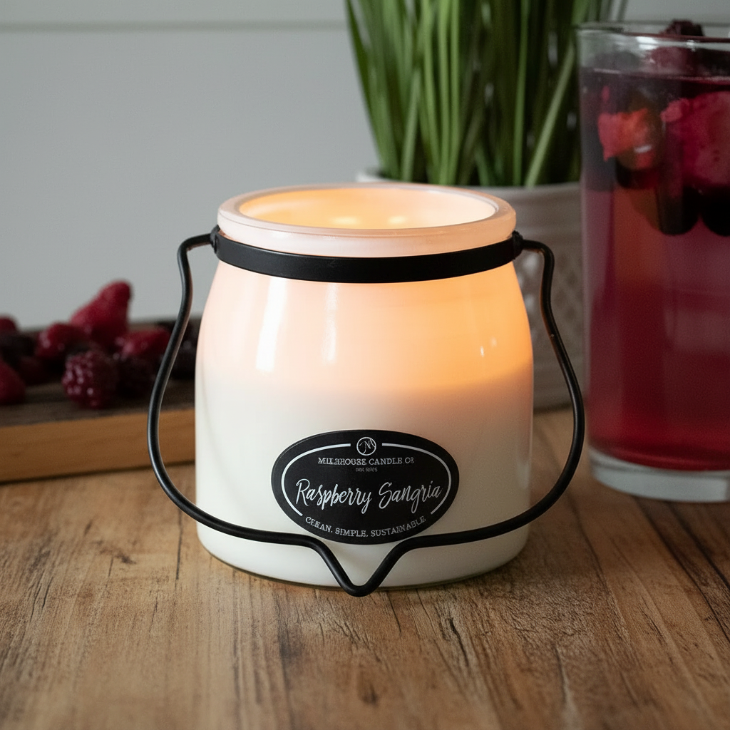 Milkhouse raspberry sangria 16oz butter jar candle on warm rustic wooden table lifestyle product photography