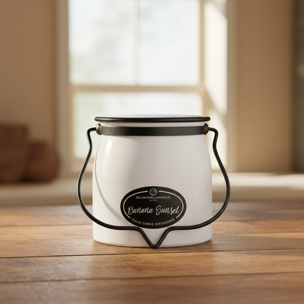 Milkhouse banana sunset 16oz butter jar candle on warm rustic wooden table lifestyle product photography