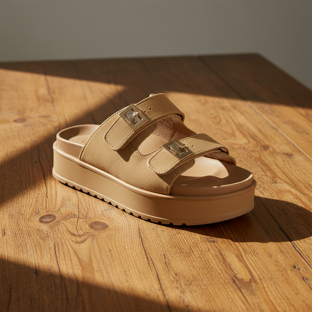 Tan double buckle platform heel sandal on warm rustic wooden table Elle and Beck's Lifestyle Boutique
