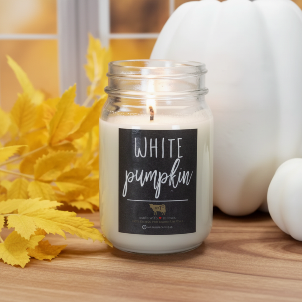 Milkhouse white pumpkin soy beeswax 13oz mason jar candle on warm rustic wooden table lifestyle product photography