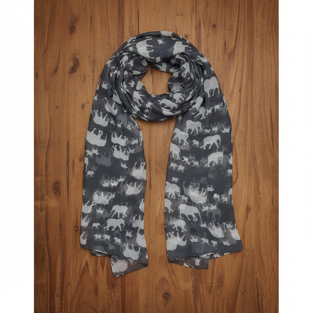 Gray elephant pattern fashion scarf flat lay on warm wood table