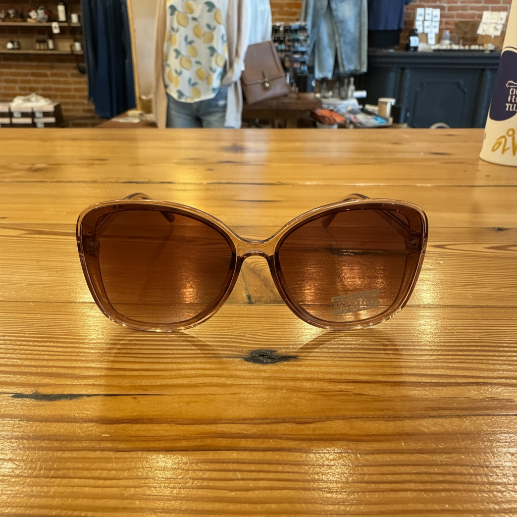 Eccentric oversized gradient sunglasses side view on rustic wooden table – Elle &amp; Beck&