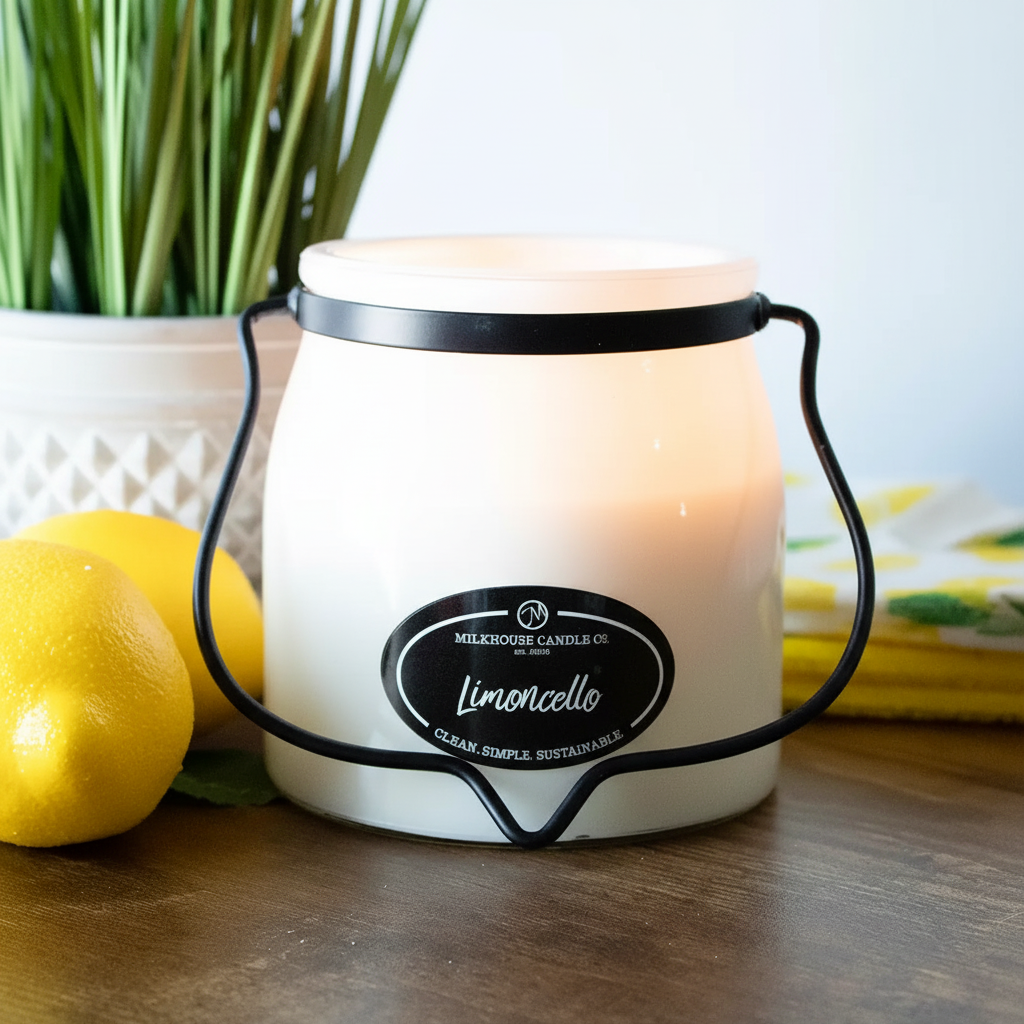 Milkhouse lemon vanilla limoncello 16oz butter jar candle on warm rustic wooden table lifestyle product photography