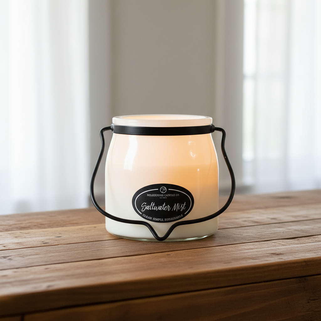 Milkhouse coastal saltwater mist 16oz butter jar candle on warm rustic wooden table lifestyle product photography