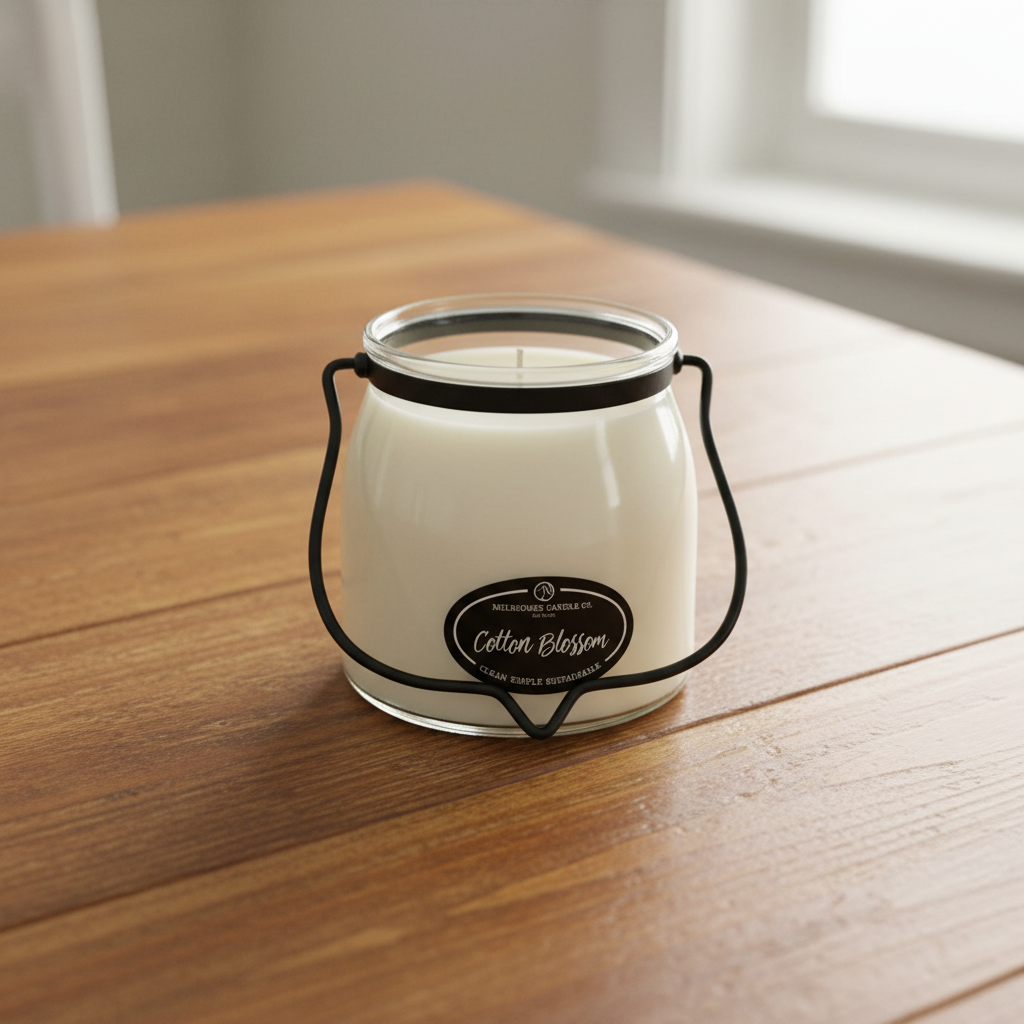 Milkhouse clean linen cotton blossom 16oz butter jar candle on warm rustic wooden table lifestyle product photography