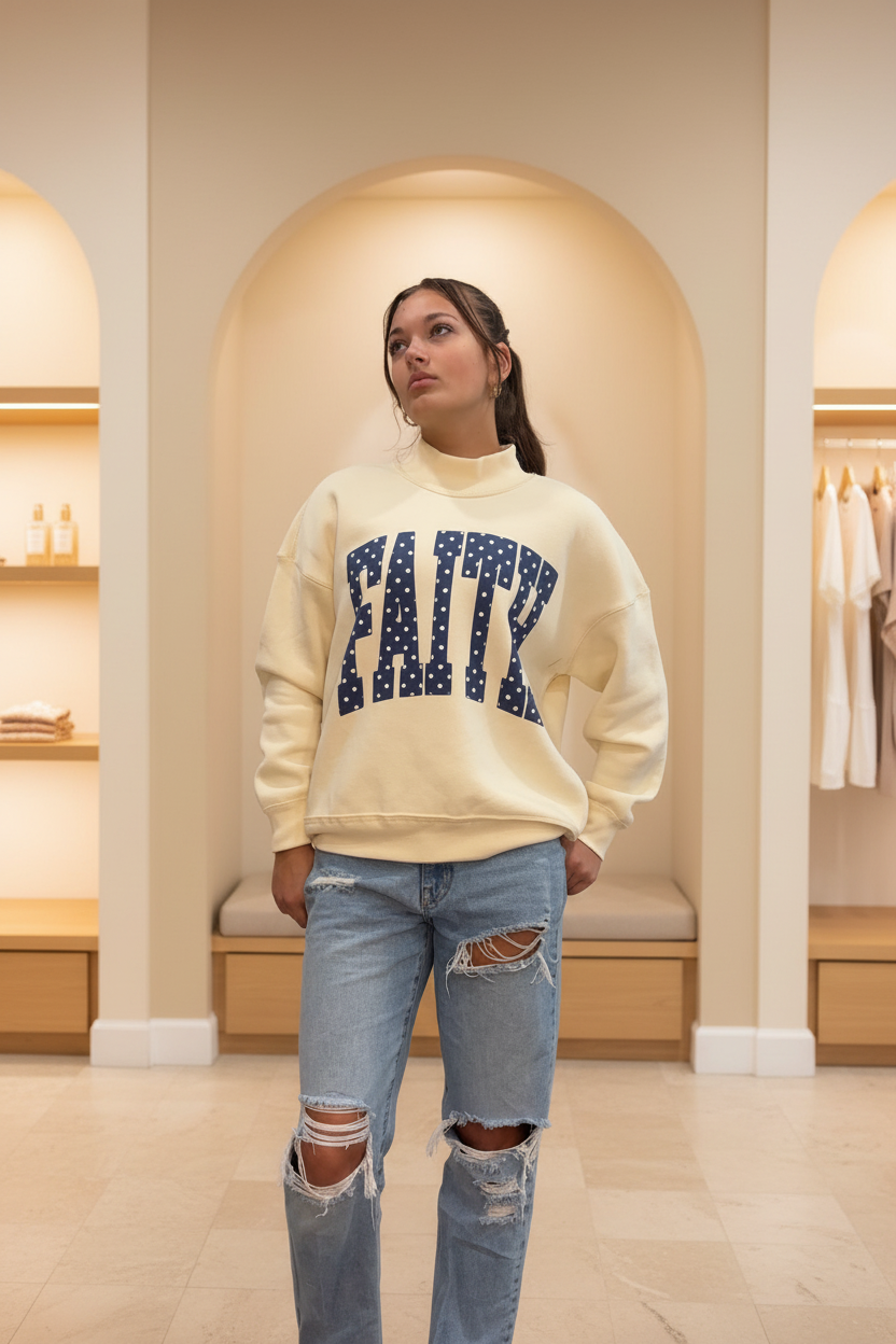Model wearing the cream Faith polka dot mockneck sweatshirt in a warm neutral boutique setting, front view