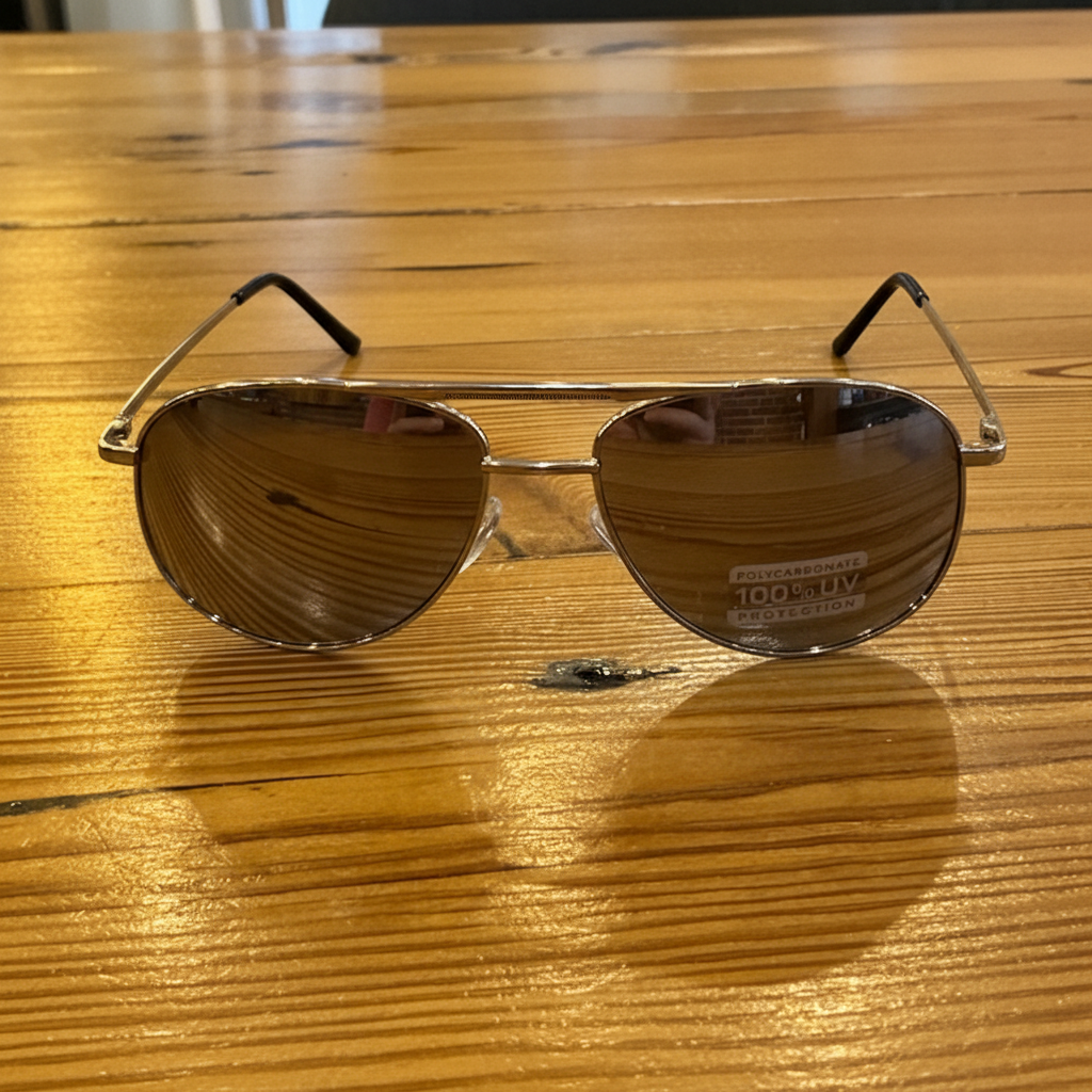 Medium aviator sunglasses side angle on wooden table – Elle &amp; Beck&