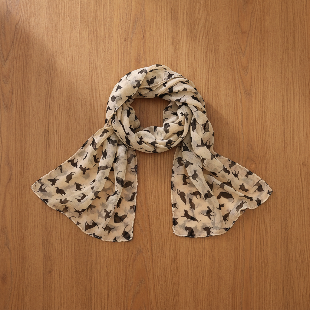 Black cat pattern fashion scarf flat lay on wood table