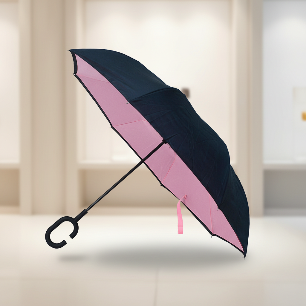 Black and pink inverted umbrella with C-shaped handle on a soft neutral background
