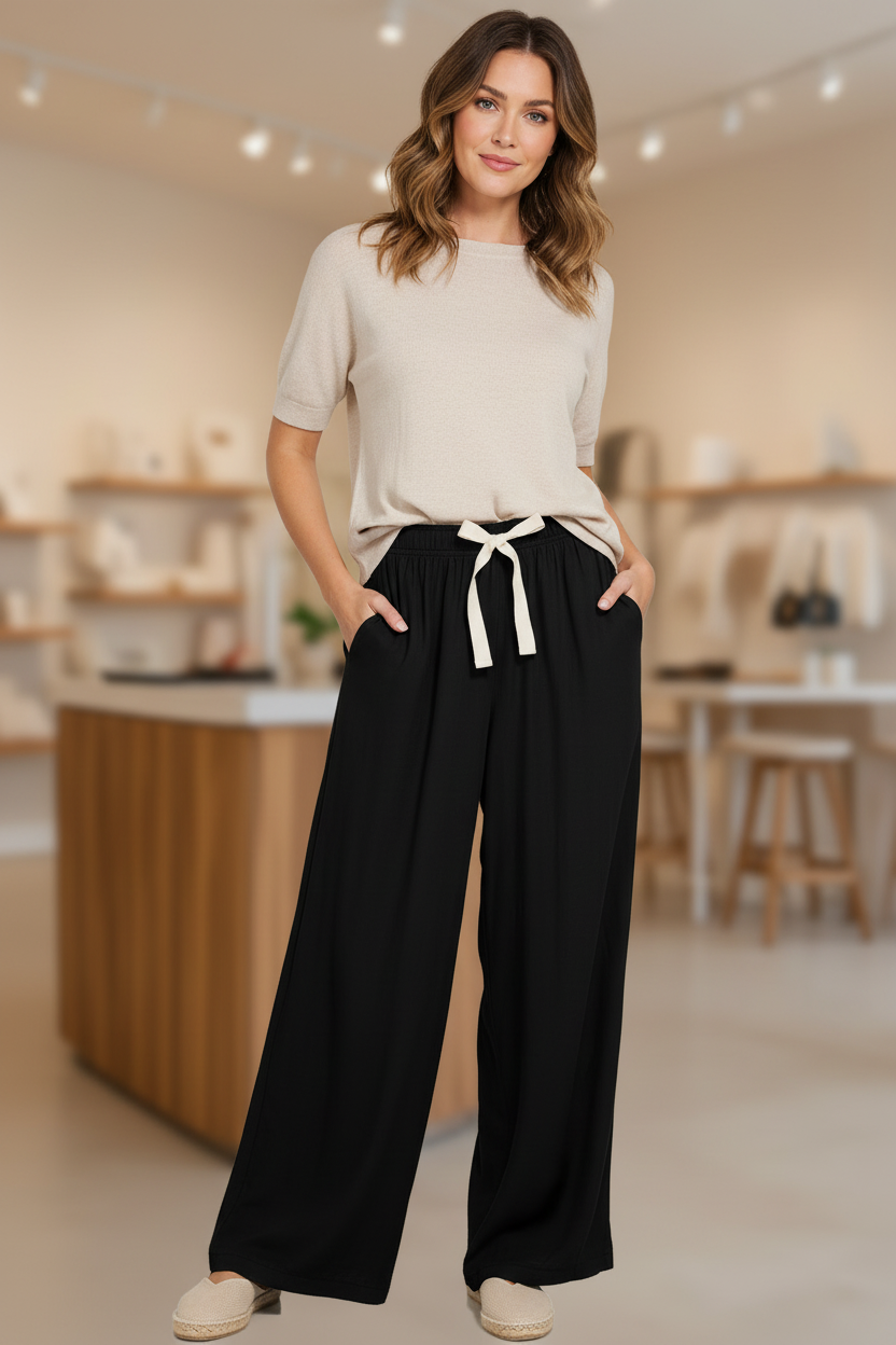 Full-body model wearing black linen drawstring wide-leg pants in a neutral boutique setting