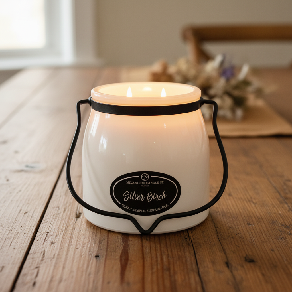 Milkhouse winter birch wood 16oz butter jar candle on warm rustic wooden table lifestyle product photography