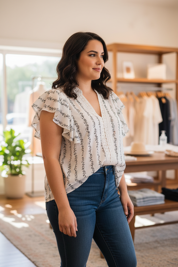 White floral stripe flutter sleeve blouse plus size model side view boutique