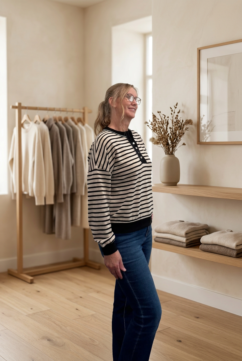 Oversized Waffle Henley Top in Black &amp; Taupe Stripe
