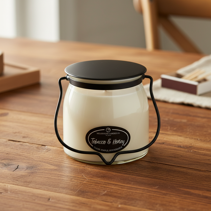 Milkhouse tobacco and honey 16oz butter jar candle on warm rustic wooden table lifestyle product photography
