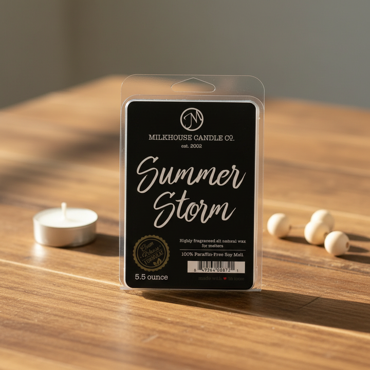 Milkhouse fresh rain 5.5oz wax melt on warm rustic wooden table lifestyle product photography