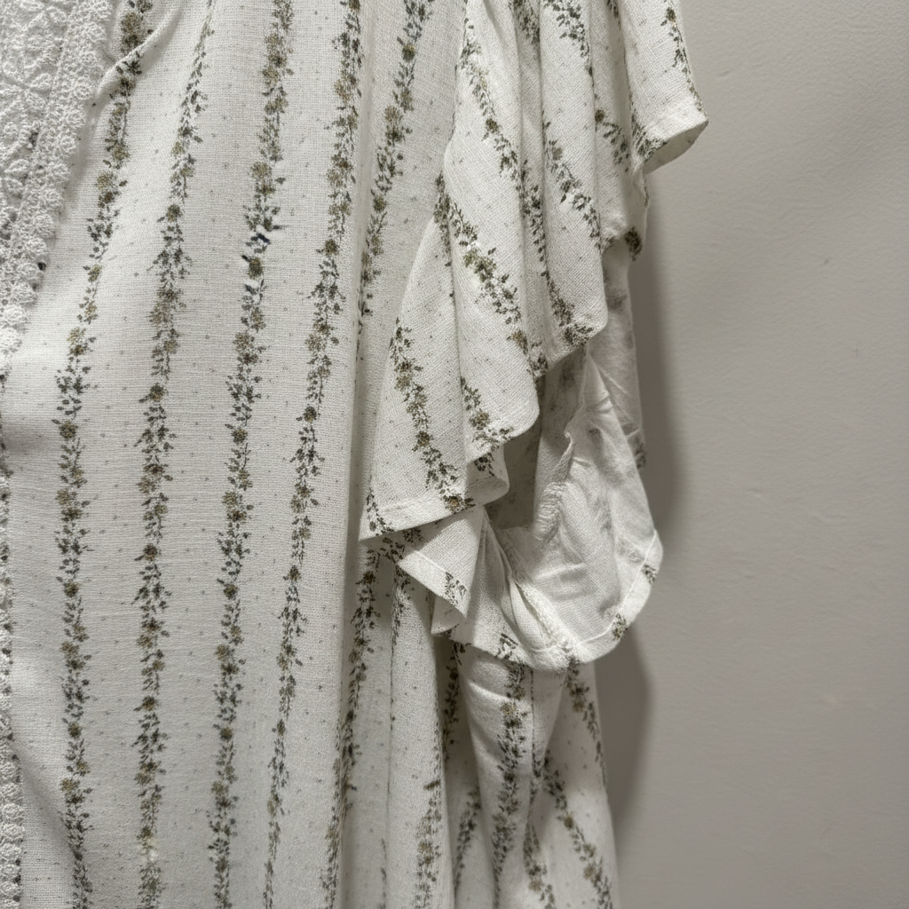 White floral stripe flutter sleeve blouse fabric detail close-up lace trim boutique