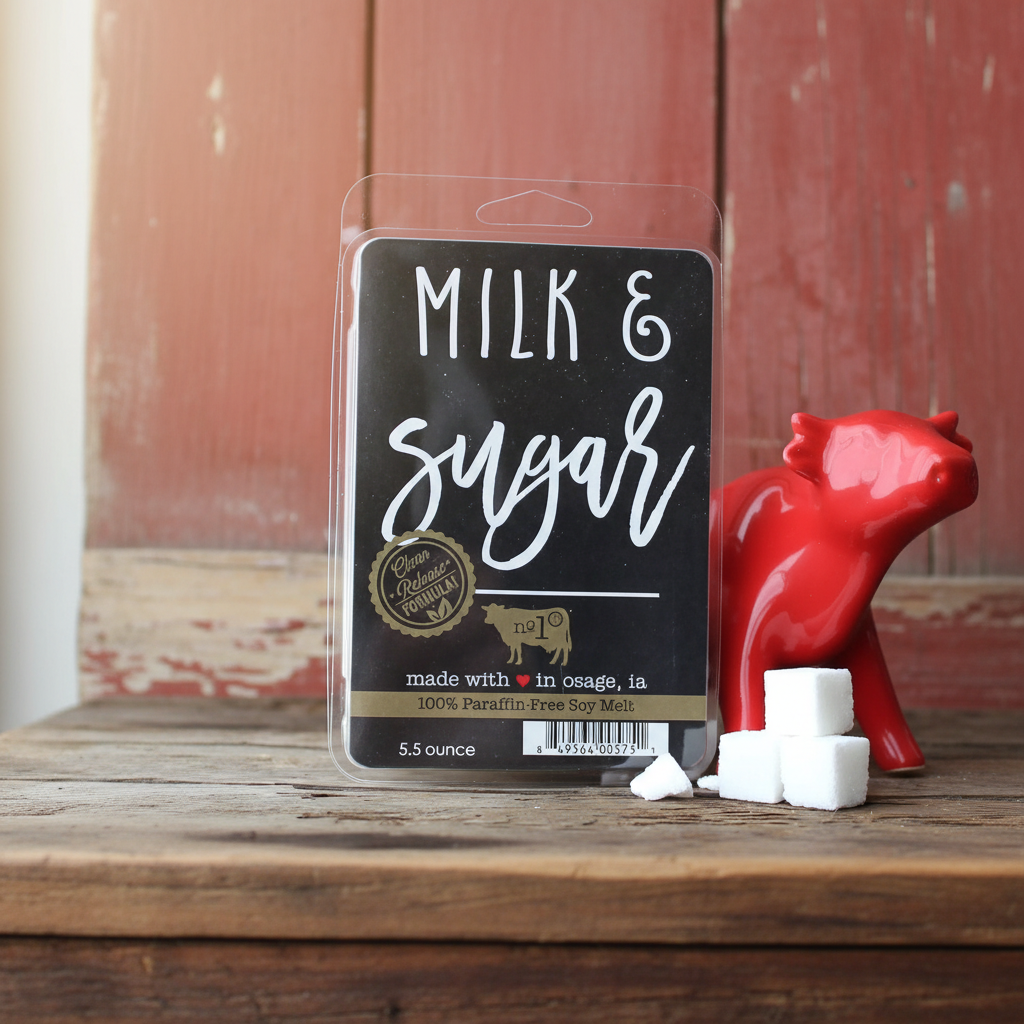 Milkhouse milk and sugar 5.5oz wax melt on warm rustic wooden table lifestyle product photography
